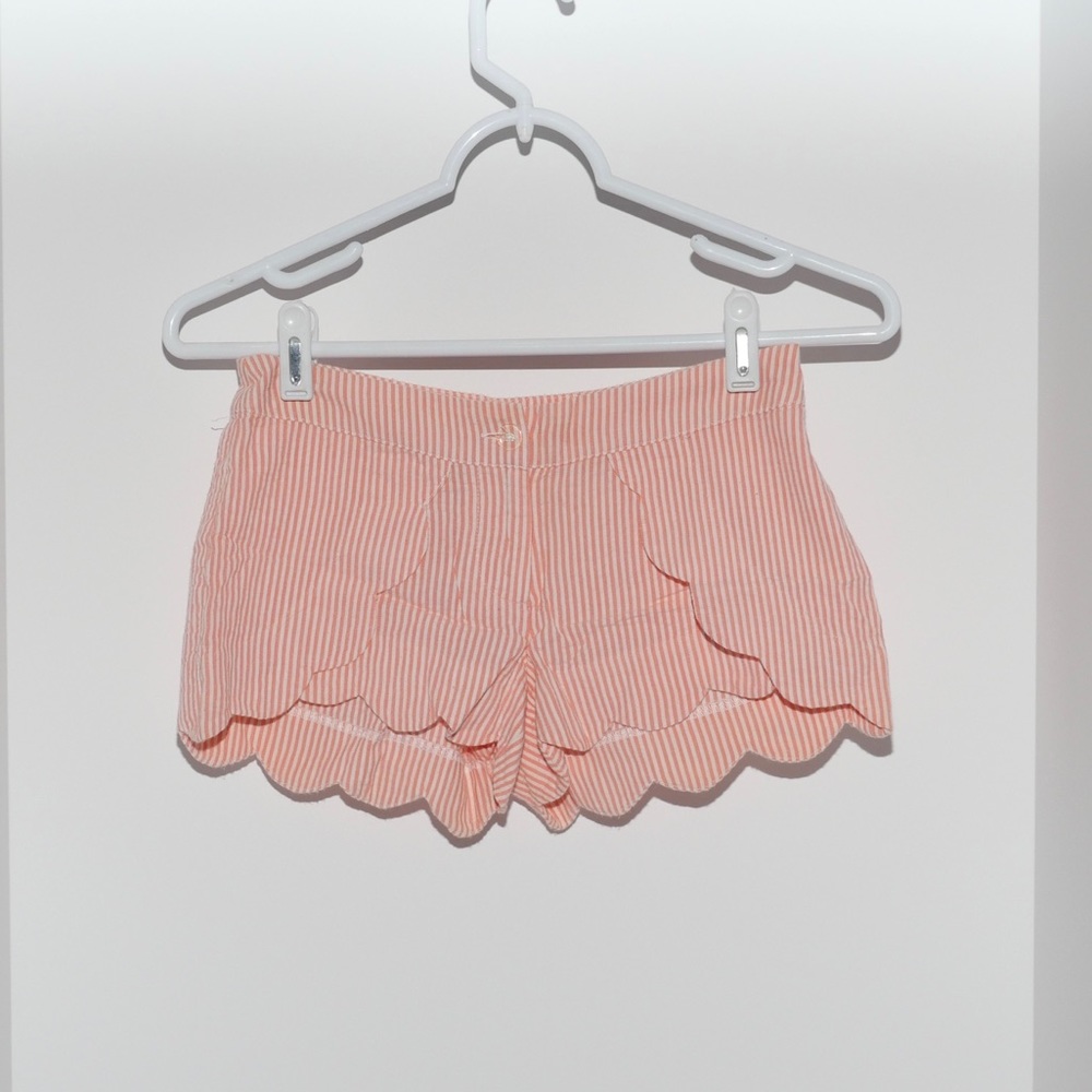 Pink and white shorts, strip detailing and ruffle detailing, size 0